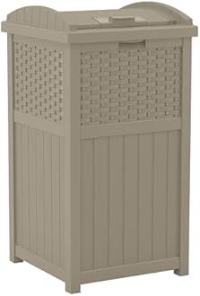 Suncast 33 Gallon Hideaway Trash Can for Patio - Resin Outdoor Trash with Lid - Use in Backyard, Deck, or Patio - Dark Taupe