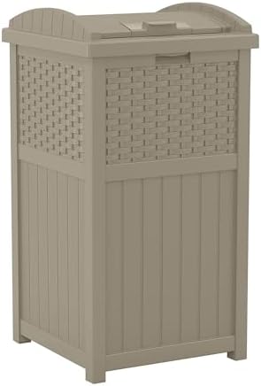 Suncast 33 Gallon Hideaway Trash Can for Patio - Resin Outdoor Trash with Lid - Use in Backyard, Deck, or Patio - Dark Taupe