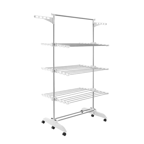 PORTENTUM Tendedero Vertical Plegable 14 cm – 5 Niveles y 58 Ganchos para Perchas – hasta 40 kg – Tenderete 24 Barras de Secado de Acero Inoxidable – Interior y Exterior – Ruedas giratorias con Freno