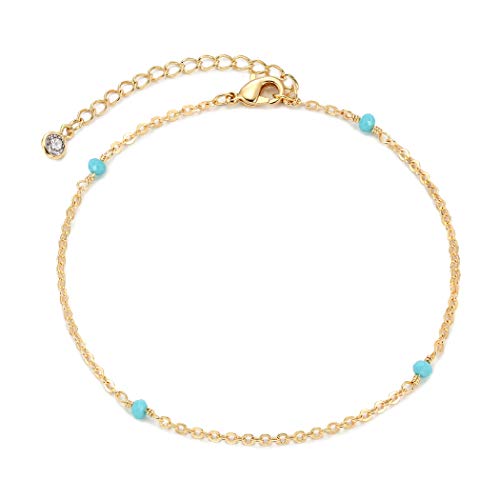 MEVECCO Anklet for Women Gold Turquoise Bead Wire Wrapped Station Chain 14K Gold Plated Dainty Boho Beach Summer Simple Foot Jewelry Ankle Bracelet