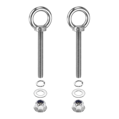 Image of PATIKIL M10 x 80mm Shoulder Eye Bolt, 2 Pcs 304 Stainless Steel Lifting Ring Threaded Eye Bolt with Flange Lock Nuts Spring and Flat Washers for Hanging Tie Down Straps Outdoor Indoor