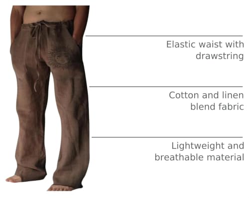 Image of Puimentiua Cotton Linen Pants Men, Summer Beach Pants Loose Fit with Elastic Waist Drawstring