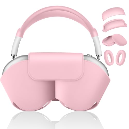 5 in 1 Compatible with Airpods Max 2/1 Smart Case Cover (2020/2026) Sleep Mode Compatible for Apple AirPod Max Headphones Case Soft Leather & Silicone Set Protective Accessories Portable Pink