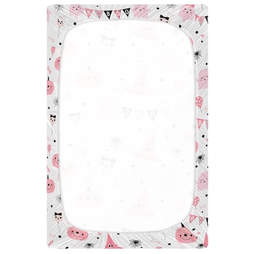 Image of Pfrewn Cute Halloween Crib Sheets for Girls Cute Pink Ghosts Pumpkin Fitted Crib Sheet for Mini Crib Mattress Stretch Soft Toddler Baby Playard Sheet, 39x27x5IN