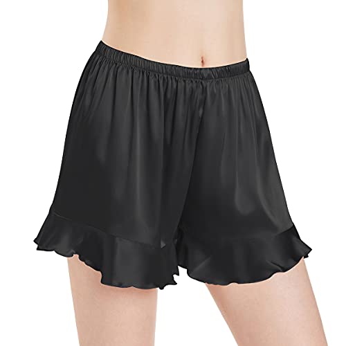 Wantschun 2 Pack Women Pajama Shorts Satin Silk Sleepwear Soft Ruffle + Bowknot Lounge Short Pants Sleep Pj Bottoms Style A+B - 2 Pack: Black ; Medium #TOP4