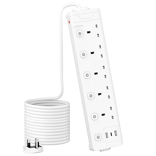 5M 5 Gang Extension Lead with 3 USB Slots Multi Plug, Mscien Extension Lead with 5M with Individual Switch, White 5 Metre
