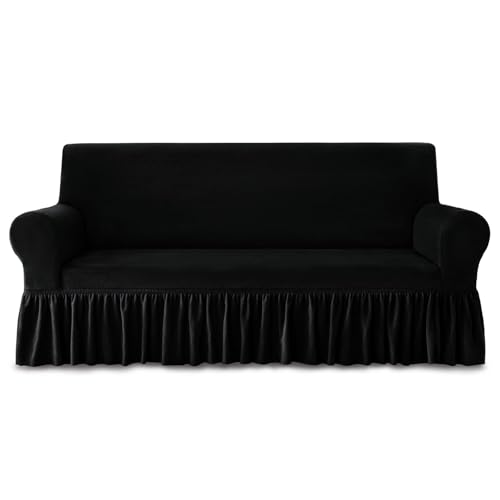 NICEEC Sofa Cover Thick Plush 1-Piece Warm Black Sofa Slipcover for Sofas Stretch Fluffy Couch Covers for Living Room Easy Fit Washable Soft Furniture Sofa Protector with Skirt