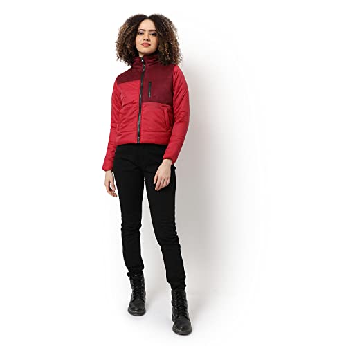 Image of Campus Sutra Women Red & Maroon Puffer Regular Fit Bomber Jacket For Winter Wear | Standing Collar | Full Sleeve | Zipper | Casual Jacket For Woman & Girl | Western Stylish Jacket For Women