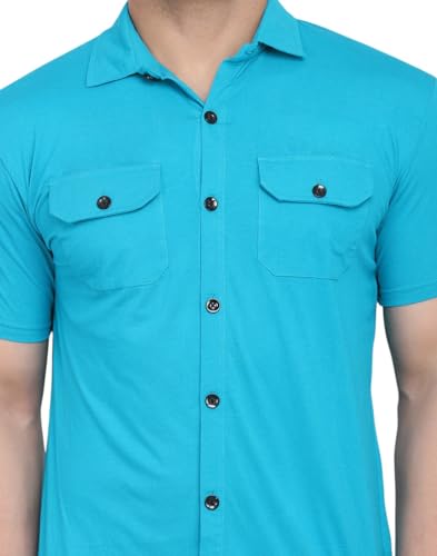 Image of Men's Half Sleeve Shirt - Spread Collar Casual Shirt with Double Flap Pockets - Slim Fit Cotton Blend Button-Down