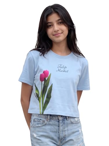 Image of Li'l Tomatoes Girls 100% Cotton Printed Top | Half Sleeve Casual Summer Top for Girls | Soft & Breathable Everyday Wear | Floral Sunflower Print | 9-16 Years