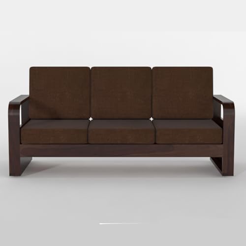 Image of Solid Sheesham Wooden 3 Seater Sofa for Living Room | Sofa with Side Pocket Storage & Cushion | Rosewood Sofa Set for Home (Walnut with Brown Cushion, 3 Seater)