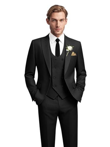 Mens Slim Fit Suit 3 Piece Solid Double-Breasted Casual Business Blazer Set for Weddings Party Tuxedo Jacket Pants