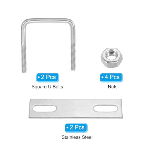 Image of PATIKIL M8x60x60mm Square U-Bolts Kit, 2Set 304 Stainless Steel Square U Shaped Bolts Replacement Parts with Frame Plates and Nuts for Ski Board Sailboat Trailer