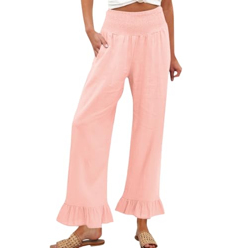 Image of Palazzo Pants for Women Linen Smocked Elastic Waist Ruffle Wide Leg Pants Summer Beach Flowy Boho Pant with Pockets