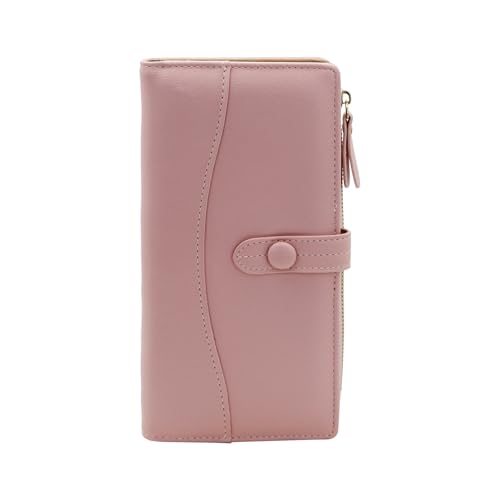 Women Wallet, Bifold Leather Clutch Wallet with Snap Zipper, Long Large Capacity Credit Card Wallet for Women (Pink)