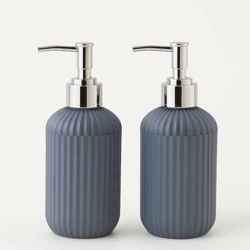 Image of LAGET 300ml Soap Dispenser for wash Basin - White Black Golden Print | Kitchen and Bathroom Accessories Items | Handwash Dispenser Bottle- Set of 2 (Metallic Blue)