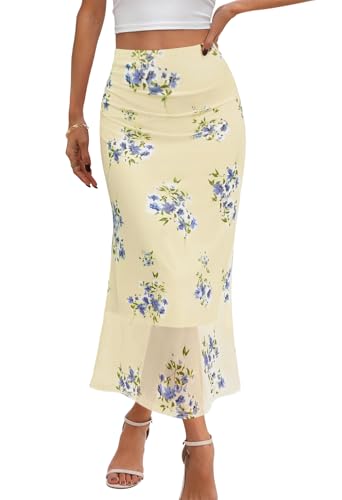 MEROKEETY Women's Summer Floral Mesh Midi Skirt 2026 Casual Trendy High Waist Ruched Boho Skirts, Apricot, M
