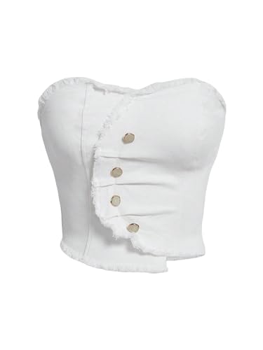 WDIRARA Women's Y2k Button Denim Tube Tops Strapless Asymmetrical Crop Top Sleeveless Zipper Back Bandeau