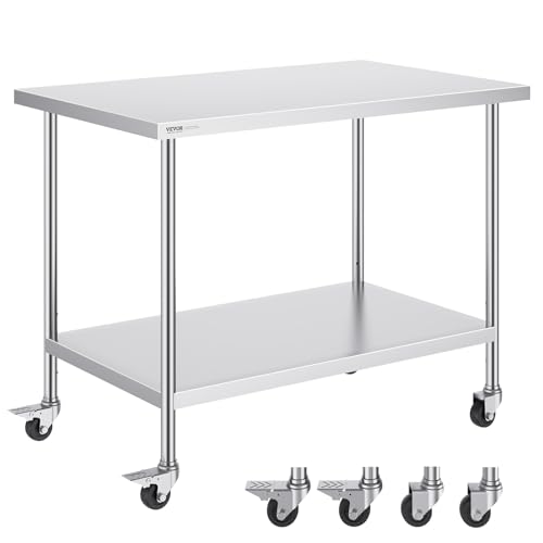 Image of VEVOR Stainless Steel Work Table 30 x 48 x 38 Inch, with 4 Wheels, 3 Adjustable Height Levels, Heavy Duty Food Prep Worktable for Commercial Kitchen Restaurant, Silver
