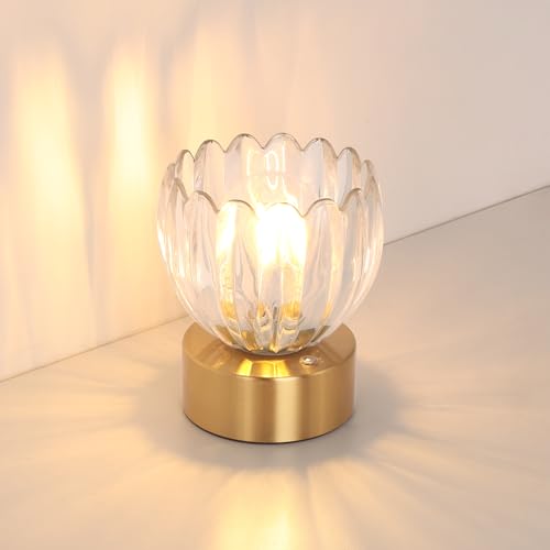Image of Shenmoyl Cordless Small Table Lamp with 5200mAh Battery & Touch Control, Battery Operated Tulip Table Lamp with 3 Colors, Rechargeable Mini Table Lamps for Bedsides, Bedroom, Nightstand (Transparent)