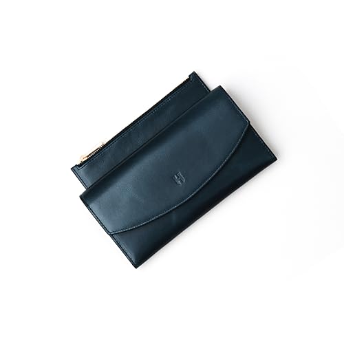 Handcrafted Full-Grain Leather Women’s Wallet, RFID Blocking, 12 Card Slots, 3 Compartments, Removable Zipper Coin Pouch, Gift Box & Pouch, Christmas & Birthday, Navy Blue