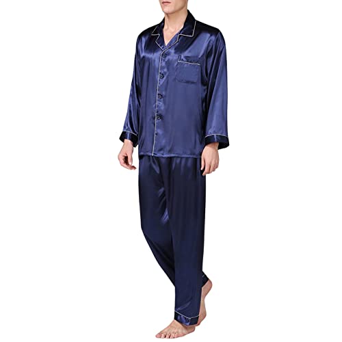 Men's Satin Pajama Set 2 Piece Long Sleeve Classic Sleepwear Button Down Homewear Loungewear with Long Pants