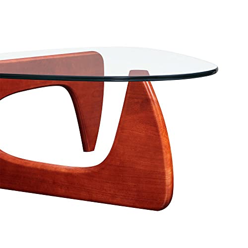 Glass Coffee Table Modern Living Room Table Tempered Glass Triangle Solid Wood Base Center Table Home Office Furniture (Cherry) #TOP5