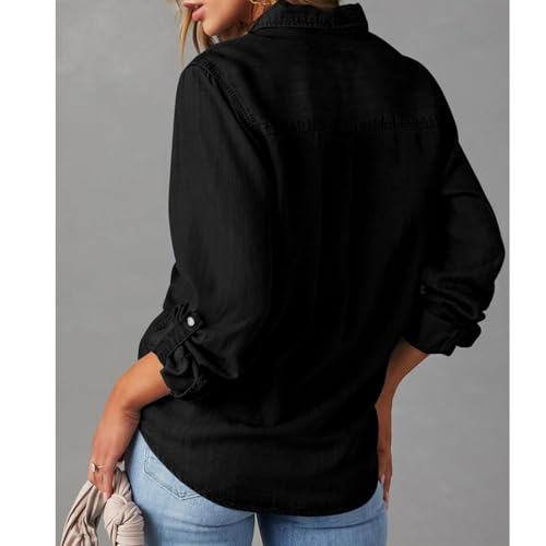 Womens Denim Shirts Long Sleeve Oversized T Shirt Jean Jacket Button Down Blouse V Neck Casual Tops Fall Outfit2