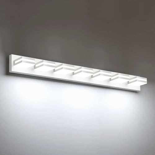 Image of IZORRO LED Modern Bathroom Lights Fixtures(7-Light,Dimmable,360Rotate),Matte White Acrylic Wall Lighting,Vanity Lights for Bathroom Over Mirror - 6000k 40In (No Assembly Required)