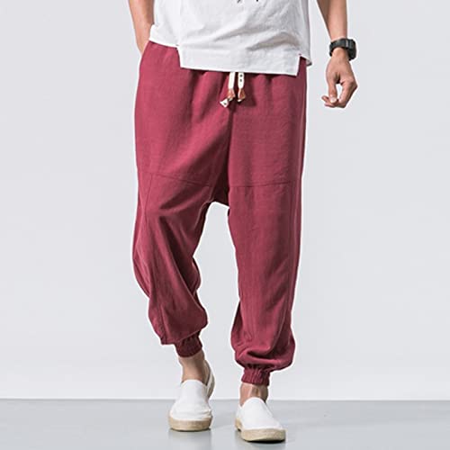 Men's Cotton Linen Harem Pants, Casual Loose Hippie Drop Crotch Trouser Lightweight Elastic Waist Baggy Joggers Pant2