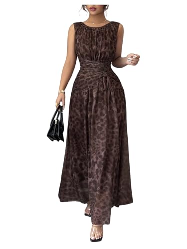 Women's Leopard Tank Dress Y2k Cheetah Ruched Cinched Waist Sleeveless A Line Flared Maxi Dresses