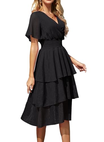Ruffle Sleeve Wrap V Neck Midi Dresses for Women Causal Summer Smocked Waist Tiered Layered Glitter Chiffon Dress