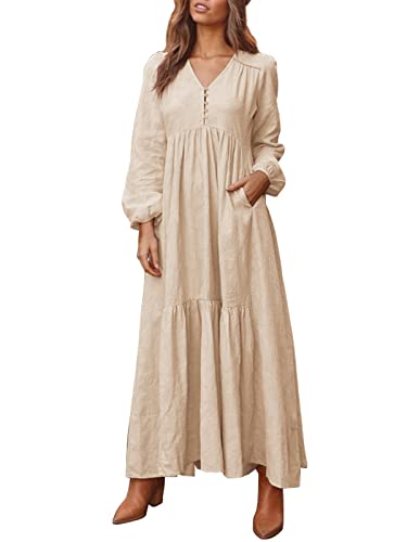 ZANZEA Women Dresses Long Sleeve Maxi Dresses Casual Cotton Linen Dress Fall Spring Vintage Retro Solid Colour Long Dress with Pockets Beige M