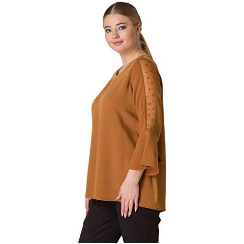 OZYOL Tulle Detail Blouse Large Sizes Oversize with Metal Beads and Wide 3/4 Sleeves in Size 16-26 - Women's Tunic Top - Yellow - 18 Cover