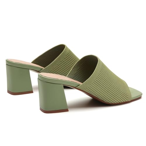 Image of Tilocow Knit Heeled Sandals for Women Square Open Toe Heeled Mules Chunky Block Low Heel Slip On Slides