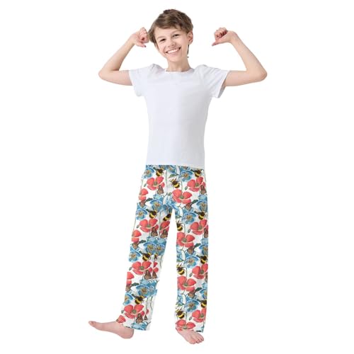 Bee Butterfly Flower Boys Long Pants Soft Trousers Elastic Waist Kids Lounge Bottoms with Pockets S-XL2