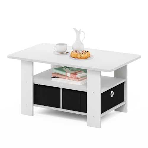 Image of Furinno Andrey Small Modern Coffee Table with Storage Shelf, White | 2x Black Bin Drawers, Soft-Corner, Rectangular Side Table for Living Room, Bedroom, Home Office