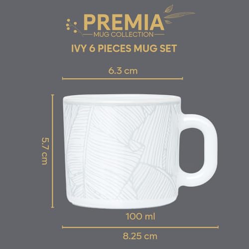 Image of Larah by BOROSIL 100ml x 6pc Opalware Ivy Tea /Coffee Mug Set, Microwave & Dishwasher Safe Embossed Design Crockery Set Ideal for Daily Use & Gifting