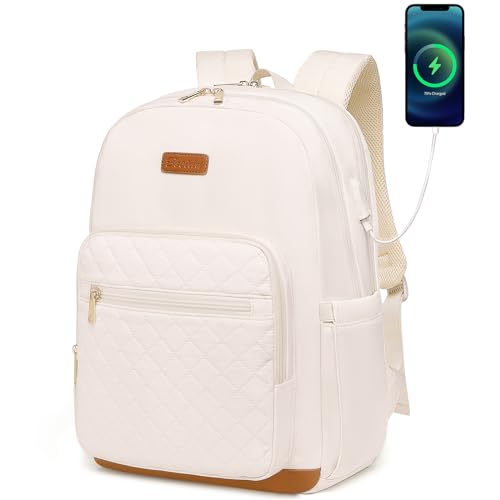 Mochila feminina para laptop, serve para mochila de viagem de 15,6 polegadas com porta de carregamento USB, elegante bolsa acolchoada para computador de trabalho e negócios, Bege, Large, Moderno,
