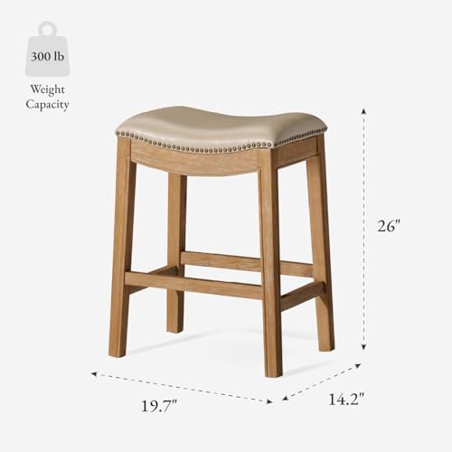 Image of Maven Lane Adrien Backless Counter Stool - Set of 3 - 26 Inches - Saddle Stool with Footrest - Brown Solid Wood Frame & Beige Faux Leather Upholstery - Perfect for Kitchen Islands & Counters