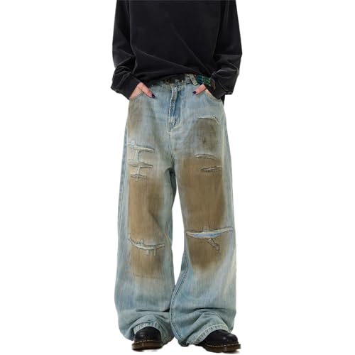 GUOYUXIAO Men's Jeans Retro Denim Pants Distressed High-Street Trouser for Men