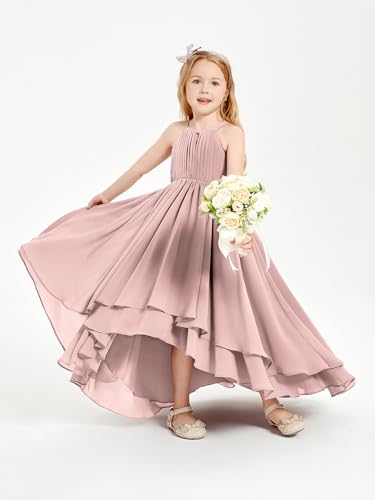 Halter Junior Bridesmaid Dresses with Pockets 2025 A Line High Low Layered Chiffon Flower Girl Dress for Wedding4