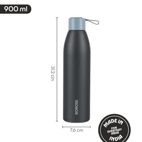 Image of Borosil Hydra 900ml Duomate Black Stainless Steel Bottle | 24 Hours Hot and Cold Double Wall Vacuum Insulated with Copper Coating | 1 Year Warranty