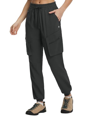 baleaf Womens Ripstop Hiking Pants with 6 Pockets Water Resistant Joggers Lightweight Quick Dry Elastic Waist Travel Cargo Pants Black L