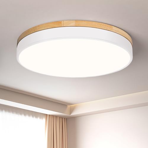 Image of Modern Wood White Flush Mount Ceiling Light 15.75 Inch