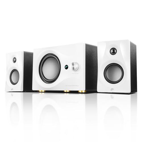 HiVi-Swans M10 Plus White Bookshelf Speaker, Bluetooth Powered Computer Speakers with Subwoofer 2.1 Home Speakers Stereo System – 60W RMS – AUX Audio