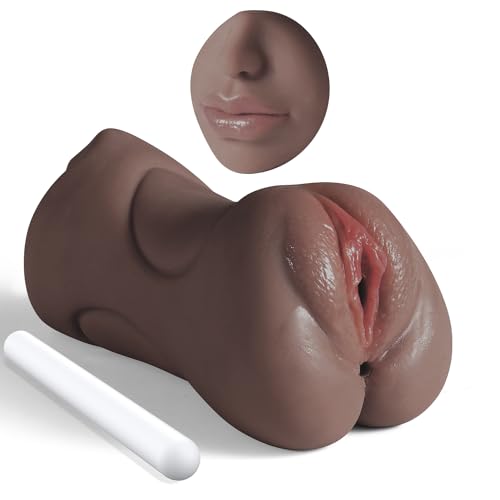 Image of 3 in 1 Pocket Pussy Male Masturbator, Adult Sex Toys with Real Mouth Tongue and Deep Throat, Sex Doll Male Blowjob Stroker with 3D Textured Vagina & Tight Anus & Drying Stick for Pleasure (Dark Brown)