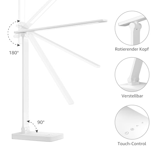 Lepro Schreibtischlampe, LED Tischlampe Dimmbar, Nachttischlampe 800LM 3 Farben und 5 Helligkeitsstufen, Tageslichtlampe Augenschutz, Tischleuchte, Schreibtisch Lampe für Kinder, Büro, Weiß