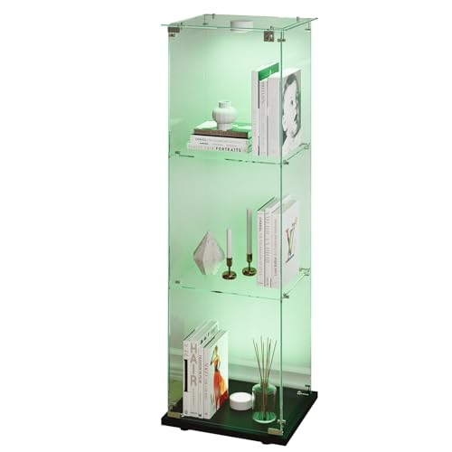 Sorvaglos - Vitrina de cristal con iluminación LED, 3 pisos, puerta de cristal templado, negro, antipolvo, vitrina vertical para sala de estar, oficina, objetos de colección, 35 x 39,8 x 123,3 cm