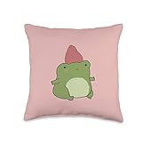 Kawaii Frog Aesthetic Frog with Strawberry Hat Kawaii Cottagecore Aesthetic Throw Pillow, 16x16,...